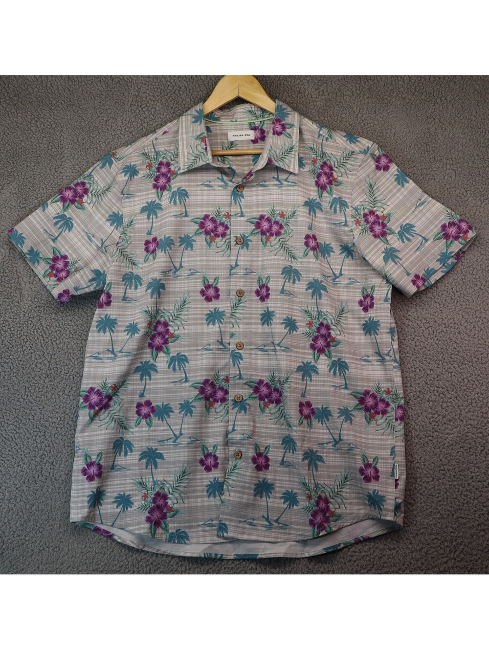 Projek Raw Shirt Men Large Grey Hawaiian Floral Trees Button